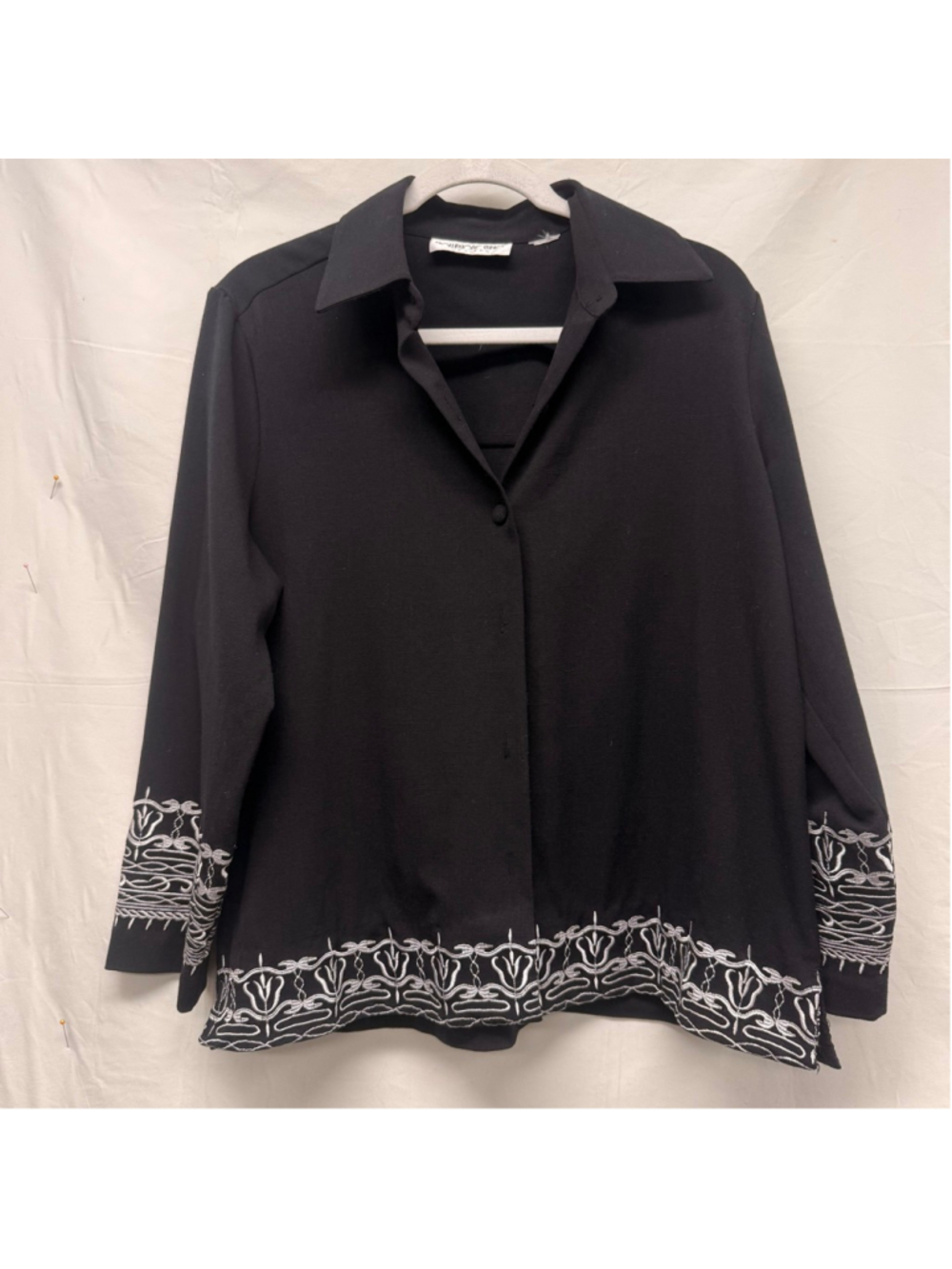 Vintage Women's Brownstone Studio Petite Black Blouse with White Embroidery